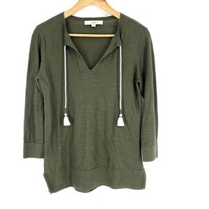 LOFT Sweater Size XS Womens Green Tasseled Tie V Neck Tunic Knit Cotton Boho